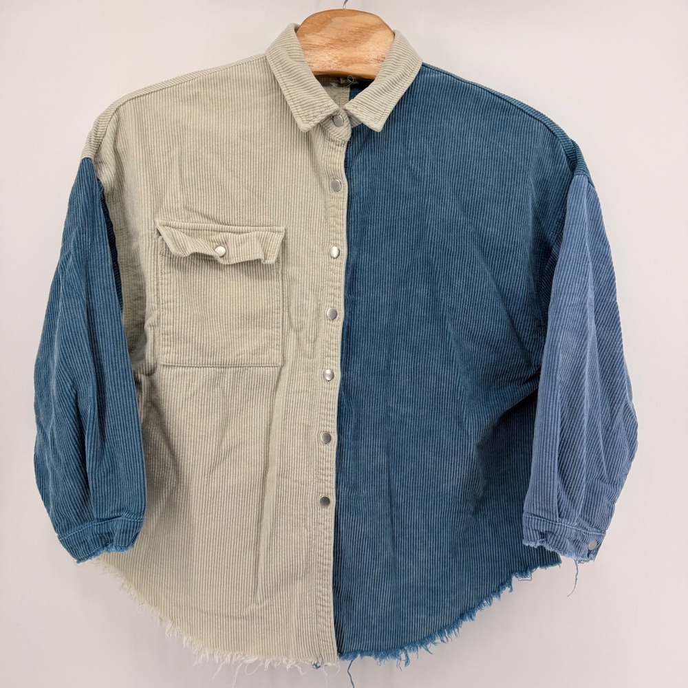 POL Shirt Womens Medium Blue Cream Colorblock Corduroy Shacket Raw Hem oversized